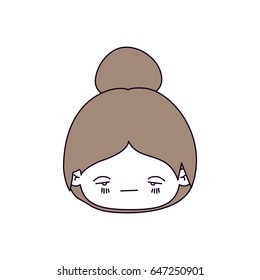 silhouette color sections and light brown hair of kawaii head little girl with collected hair and facial expression sad vector illustration