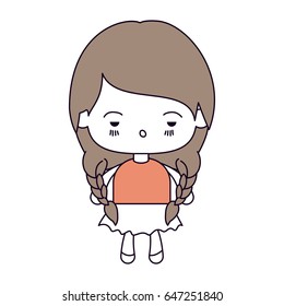 silhouette color sections and light brown hair of kawaii little girl with braided hair and facial expression depressed vector illustration