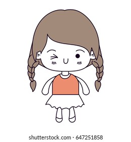 silhouette color sections and light brown hair of kawaii little girl with braided hair and facial expression wink eye vector illustration