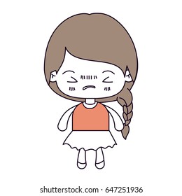 silhouette color sections and light brown hair of kawaii little girl with braided hair and facial expression angry with closed eyes vector illustration