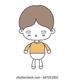 silhouette color sections and light brown hair of kawaii little boy with facial expression of tired vector illustration