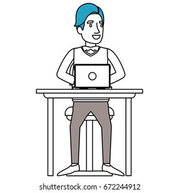 silhouette color sections of man with formal suit and side fringe hair and sitting in chair in desk in laptop device vector illustration