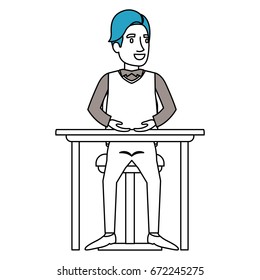 silhouette color sections of man in formal clothes and hair side fringe and sitting in chair in desktop vector illustration