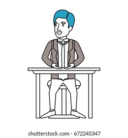 silhouette color sections of man in formal suit and hair side parted and sitting in chair in desktop vector illustration
