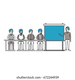 silhouette color sections with men group sitting in a desk for executive male in presentacion business people vector illustration