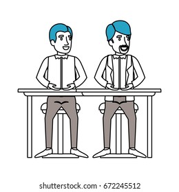 silhouette color sections of men sitting in desk one with casual clothes and the other with formal clothes and van dyke beard vector illustration