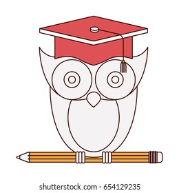 silhouette color sections of owl knowledge with cap graduation on pencil vector illustration
