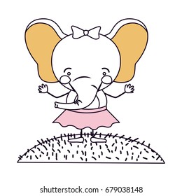 silhouette color sections scene sky landscape and grass with caricature cute expression elephant in skirt with bow lace vector illustration