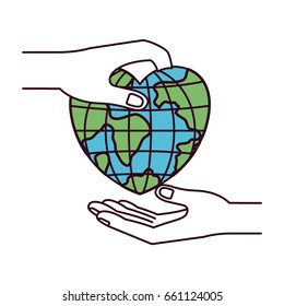 silhouette color sections side view of palm human holding a earth globe world in heart shape to deposit in other hand vector illustration