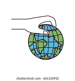 silhouette color sections side view of hand holding a earth globe world charity symbol to deposit vector illustration