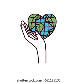 silhouette color sections side view hand holding in palm a earth globe world in heart shape vector illustration
