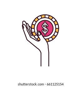 silhouette color sections side view hand holding in palm a coin with dollar symbol inside vector illustration