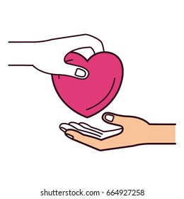 silhouette color sections side view of palm human holding a heart charity symbol to deposit in other hand vector illustration