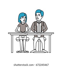 silhouette color sections of teamwork of couple sitting in desk and woman with short hair and man side parted hair in formal suit vector illustration