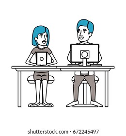 silhouette color sections of teamwork of couple sitting in desk with device and woman with short hair and man side parted hair in formal suit vector illustration