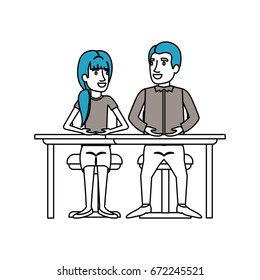 silhouette color sections of teamwork of couple sitting in desk and woman with ponytail hair and man side parted hair in formal suit vector illustration