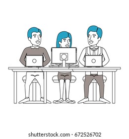 silhouette color sections of teamwork sitting in desk with tech devices computer business people vector illustration