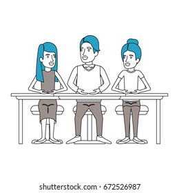 silhouette color sections of teamwork sitting in desk vector illustration