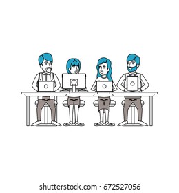 silhouette color sections of teamwork sitting in desk with tech devices business people vector illustration