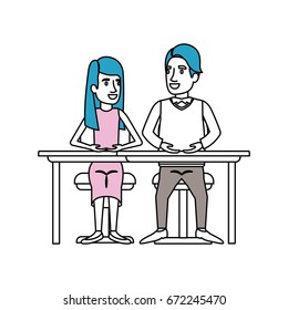 silhouette color sections of teamwork of woman and man sitting in desk and her with long hair and straight and him in casual clothes vector illustration