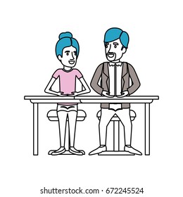 silhouette color sections of teamwork of woman and man sitting in desk and her with collected hair and him in casual clothes with van dyke beard vector illustration