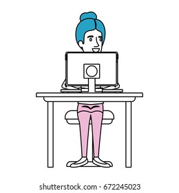 silhouette color sections of woman with collected hair and sitting in chair in desk with computer device vector illustration