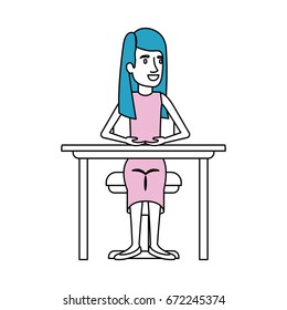 silhouette color sections of woman with long straight hair in dress and sitting in chair in desktop vector illustration