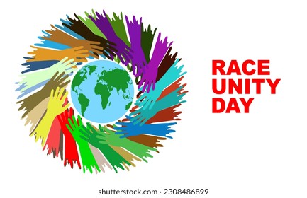 silhouette of colored hands circling a globe and bold text commemorating Race Unity Day or Race Amity Day on June
