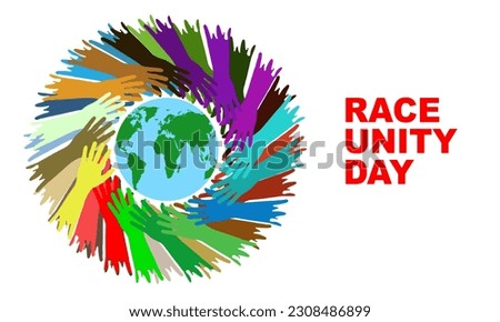 silhouette of colored hands circling a globe and bold text commemorating Race Unity Day or Race Amity Day on June
