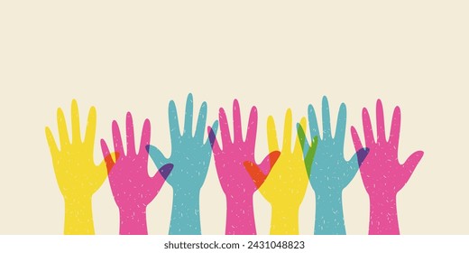 Silhouette colored human hands raised up in retro risograph style. Concept of diversity, volunteering, voting. Banner with copy space. Vector stock illustration.