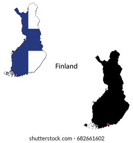 Silhouette and colored maps with flags of the Finland