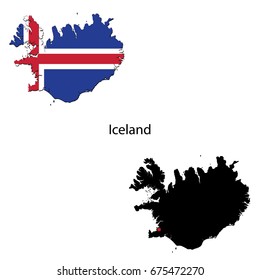 Silhouette and colored maps with flags of the Iceland
