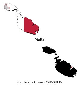 Silhouette and colored maps with flags of the Malta