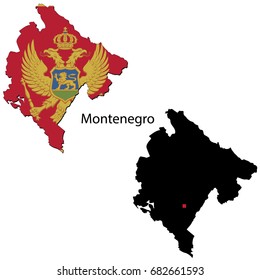 Silhouette and colored maps with flags of the Montenegro