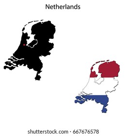 Silhouette and colored maps with flags of the Netherlands