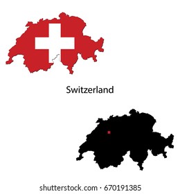Silhouette and colored maps with flags of the Switzerland