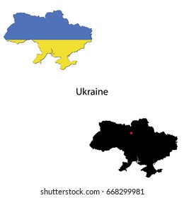 Silhouette and colored maps with flags of the Ukraine