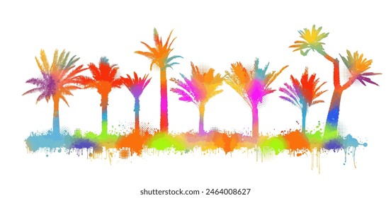 Silhouette of a Colored palm trees on a white background. hand drawing. Not AI. Vector illustration.