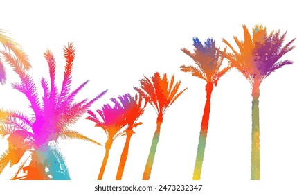 Silhouette of a Colored palm trees on a white background. hand drawing. Not AI. Vector illustration.