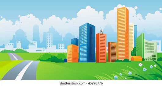 Silhouette of colorful city. Panorama of city with road on landscape background. Vector illustration art.