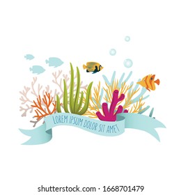 Silhouette of colorful coral reef and fishes with place for text in the form of a tape. Vector illustration. EPS 10