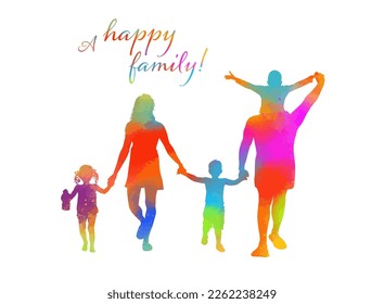 Silhouette of a colorful family holding hands. Watercolor large happy family. Vector illustration