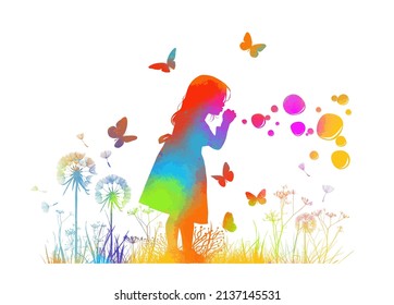 Silhouette Of A Colorful Girl Blowing Soap Bubbles. Vector Illustration