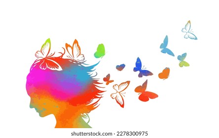 Silhouette colorful girl profile with flying butterflies. Vector illustration