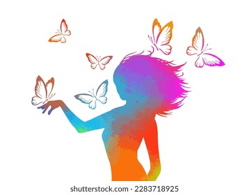 Silhouette colorful girl profile with flying butterflies. Vector illustration