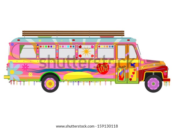 Silhouette of colorful hippie school bus on a\
white background.