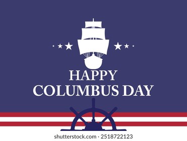 Silhueta de veleiro columbus, Feliz Dia de Colombo, Conceito de férias, Bandeira dos EUA, cartão de saudação do dia de Colombo, Fundo azul