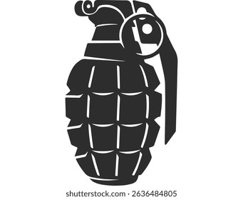 Silhouette of a combat army grenade for assault or defensive actions on the battlefield, a black grenade silhouette on a white background.