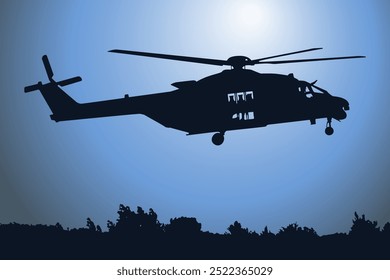 Silueta de un helicóptero de combate, vista lateral, nh 90 en ejército francés, dibujo de Vector se puede utilizar para el Web, etiqueta engomada, parche, logotipo, ilustración e infografía