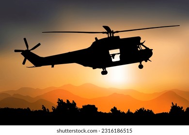 Silhouette of a combat helicopter at sunset, side view, puma in french army, vector drawing can be used for web, sticker, patch, logo, illustration and infographic